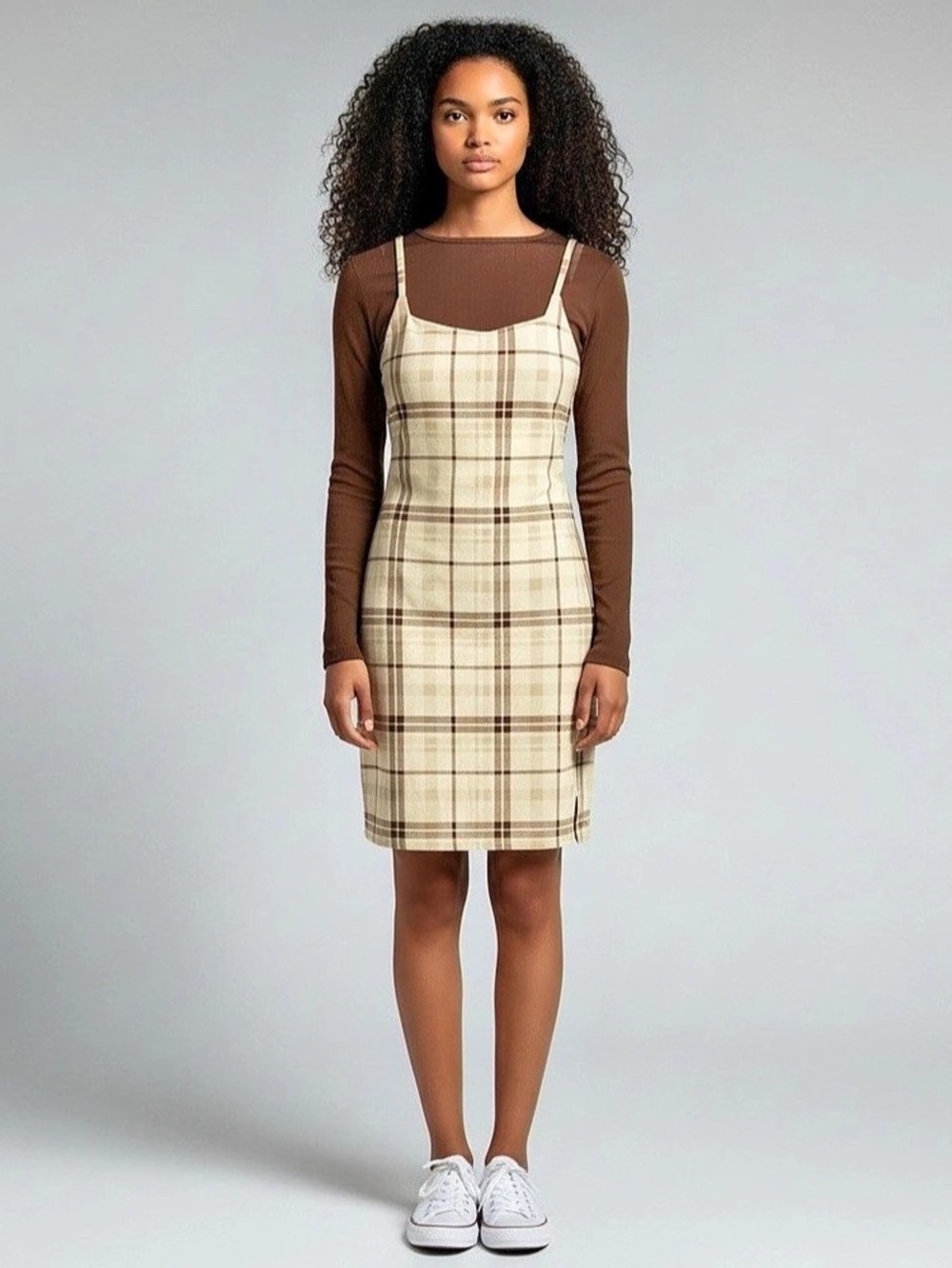 Plaid Dress and Tee Set Brown & Cream Juniors